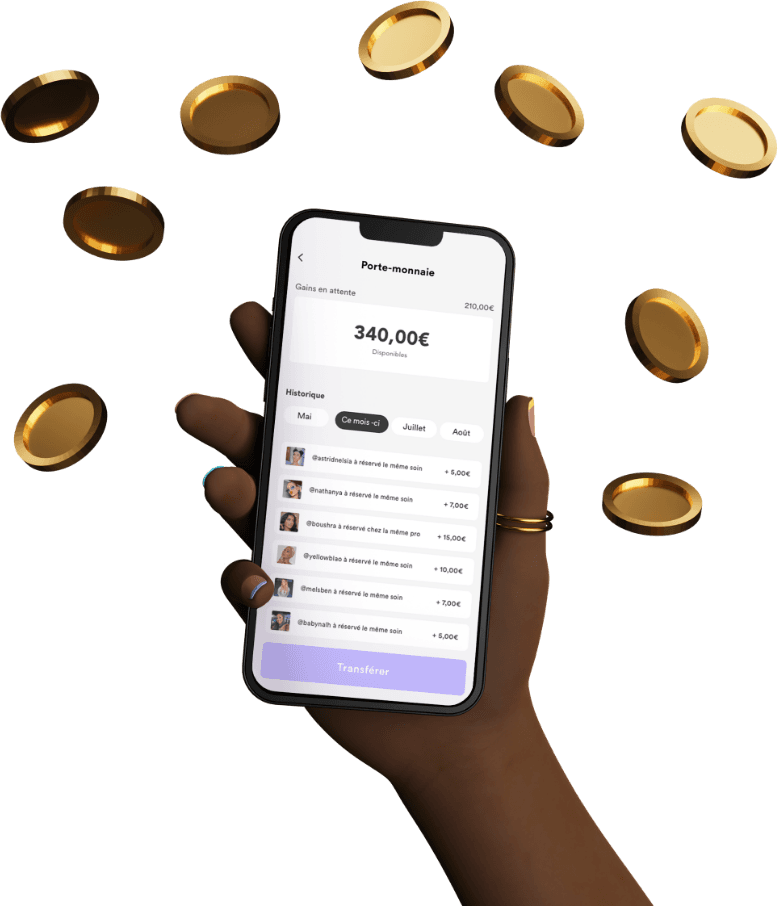 A hand holding a phone with coins floating above.